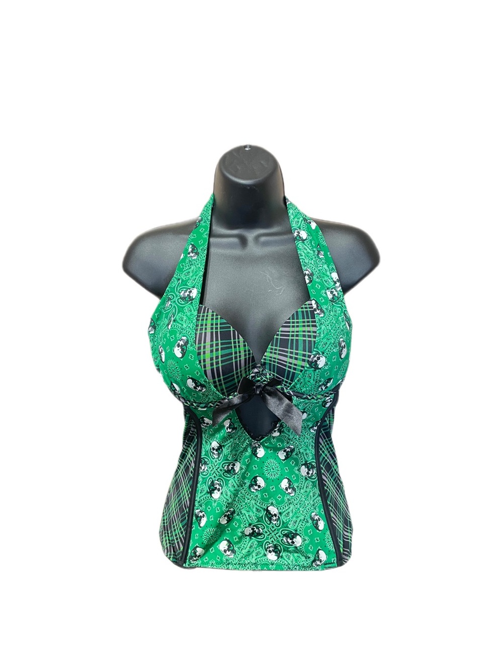 Lovesick vintage-style shaping corset with a green skull print. Size XL.